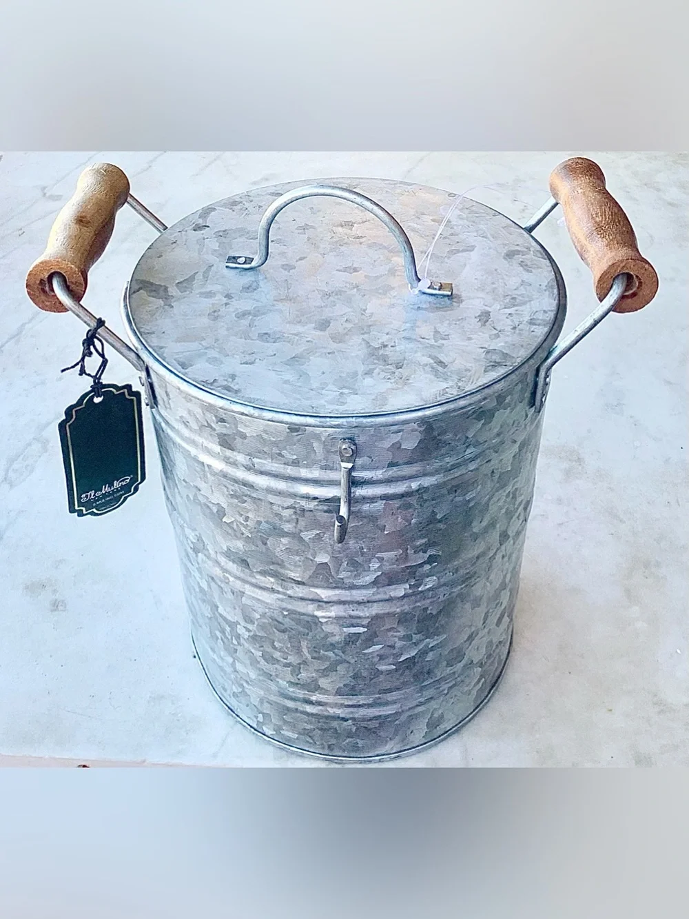 LL MULINO NEW YORK Galvanized Metal ICE BUCKET LID Wooden Handles Scoop NEW 4PC